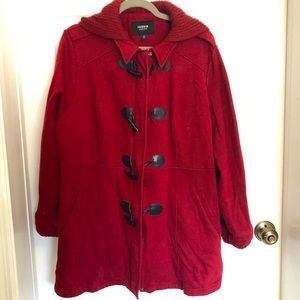 Dark red Torrid jacket with attached hood.